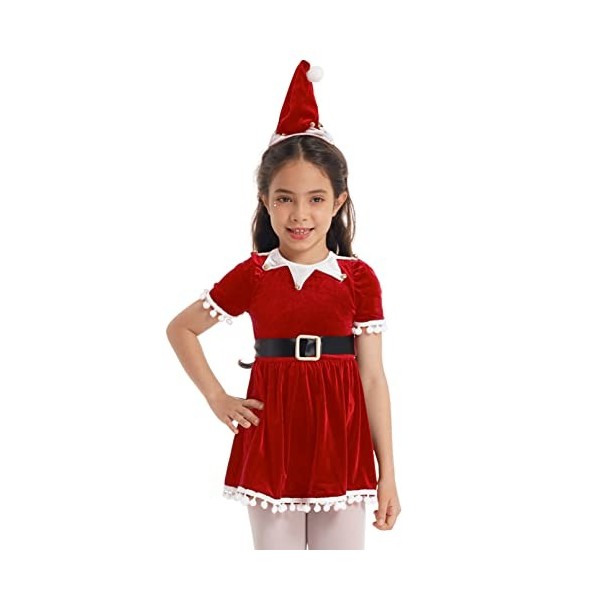 TiaoBug Enfant Fille Déguisement Elfe Noël Costume Mère Noël Santa Robe Lutin Princesse Bretelle Robe à Paillettes Chapeau Pè