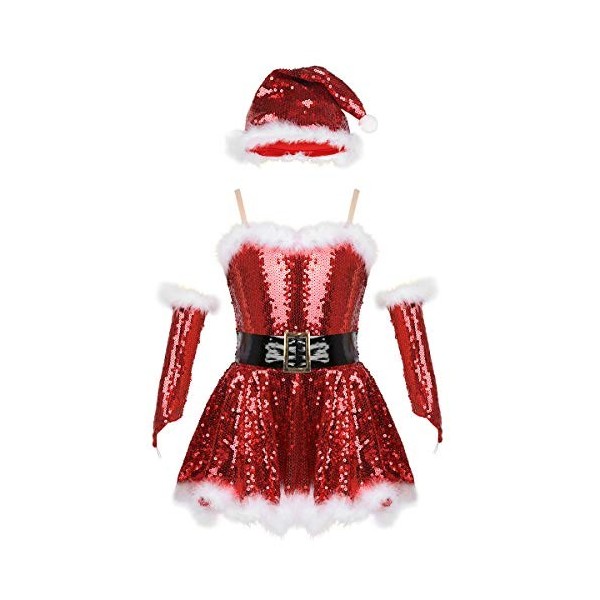 TiaoBug Enfant Fille Déguisement Elfe Noël Costume Mère Noël Santa Robe Lutin Princesse Bretelle Robe à Paillettes Chapeau Pè