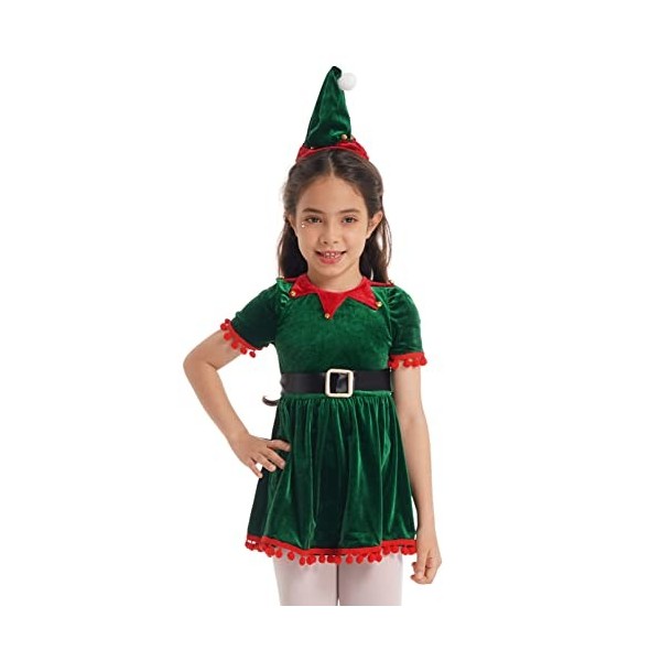 TiaoBug Enfant Fille Déguisement Elfe Noël Costume Mère Noël Santa Robe Lutin Princesse Bretelle Robe à Paillettes Chapeau Pè