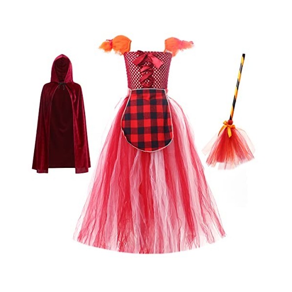 IBTOM CASTLE Deguisement Fille Enfant Costume de Sorci?re Hocus Pocus Cape ? Balai Avec Capuche Ensemble Trois Pi?ces de Luxe