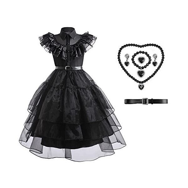 Fancyset Costume Mercredi Addams avec ceinture et collier pour déguisement de Mercredi Addams pour Halloween, carnaval, fête 