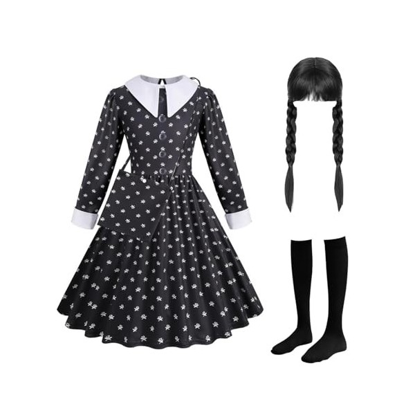 Fancyset Costume Mercredi Addams avec ceinture et collier pour déguisement de Mercredi Addams pour Halloween, carnaval, fête 