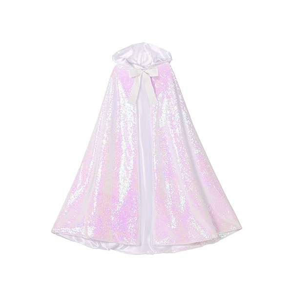 Cape longue à capuche pour fille avec sequins pour costume de princesse de Noël, Halloween, cosplay - Blanc - 5-10 ans