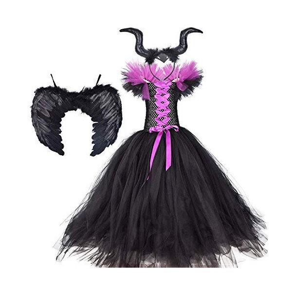 OBEEII Déguisement - Reine Malefique - Fille Halloween Carnaval Robe ave Bandeau +Ailes Sleeping Beauty Tutu Halloween Noël C