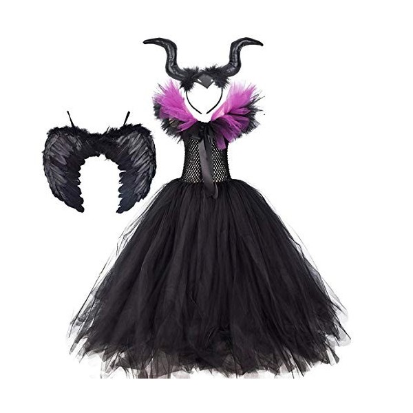 OBEEII Déguisement - Reine Malefique - Fille Halloween Carnaval Robe ave Bandeau +Ailes Sleeping Beauty Tutu Halloween Noël C