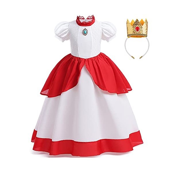 Enfants Filles Princesse Peach Costumes Halloween Fête Cosplay Manches Courtes Robe Longue Avec Couronne Dorée Ensemble Fête 