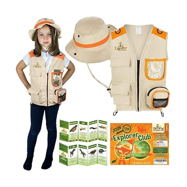 Cheerful Children Toys Kit de costume dexplorateur pour enfants – Gilet et chapeau de safari plus manuels éducatifs dinosaur