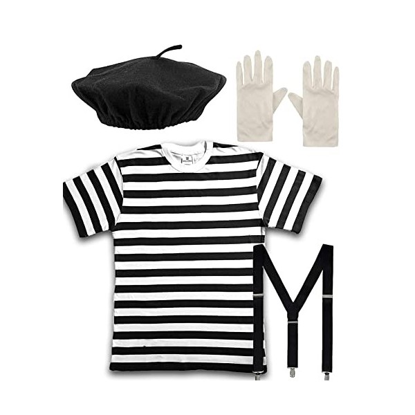 Mega_JumbleSale® Kit de déguisement pour enfants avec béret noir, t-shirt, gants et bretelles blancs | Halloween semaine du l