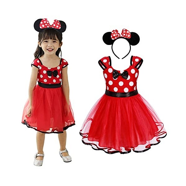 Alaiyaky Costume de Minnie pour fille - Robe à pois avec bandeau oreilles de souris - Costume de princesse Cosplay pour Noël,