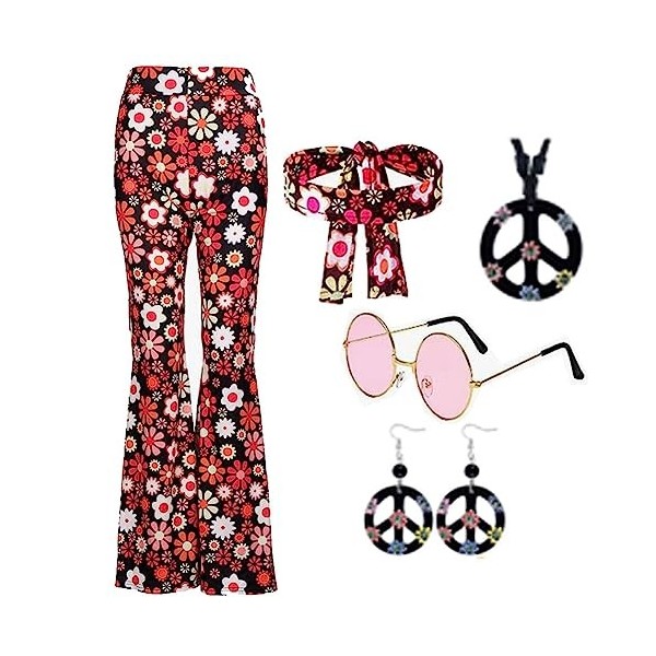 LOMUG Costume hippie pour femme, vêtements hippie pantalon évasé pour femme multicolore hippie paix chaîne lunettes bandeau a