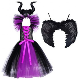 OBEEII Déguisement Maléfique Fille Halloween Carnaval Tutu Robe ave Bandeau +Ailes Sleeping Beauty Halloween Noël Costume pou
