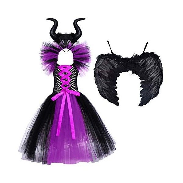 OBEEII Déguisement Maléfique Fille Halloween Carnaval Tutu Robe ave Bandeau +Ailes Sleeping Beauty Halloween Noël Costume pou