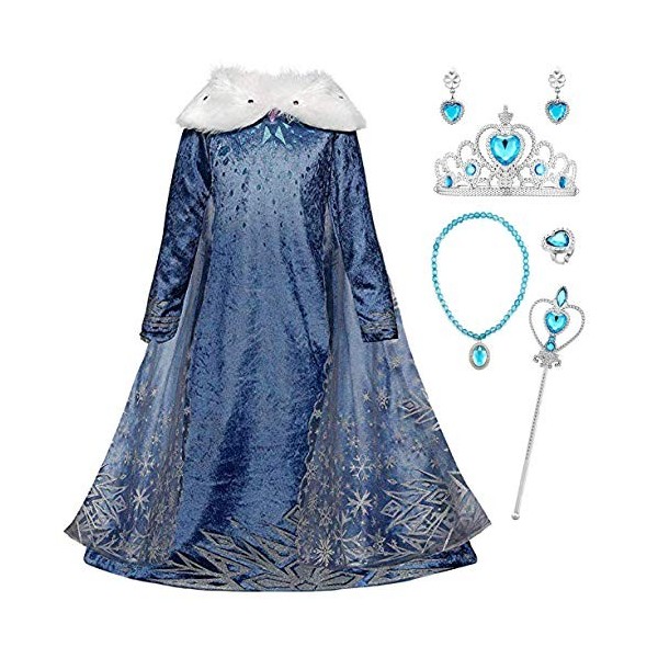 Monissy La Reine des Neiges Elsa Princesse Robe Fille Bleu Col Blanc Duvet Manche Longue Cape Tulle Glace Neiges Imprimé Asym