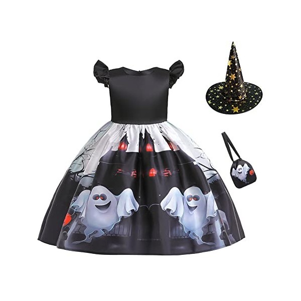 IMEKIS Robe sorcière dHalloween pour fille,Citrouille fantôme chauve-souris,Costume de princesse silex,Âge de pierre,Pour fi