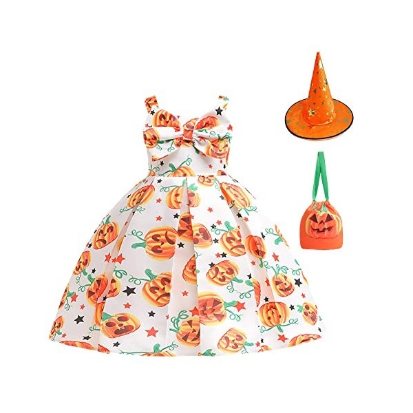 IMEKIS Robe sorcière dHalloween pour fille,Citrouille fantôme chauve-souris,Costume de princesse silex,Âge de pierre,Pour fi