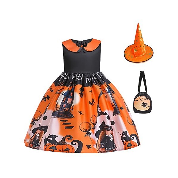 IMEKIS Robe sorcière dHalloween pour fille,Citrouille fantôme chauve-souris,Costume de princesse silex,Âge de pierre,Pour fi