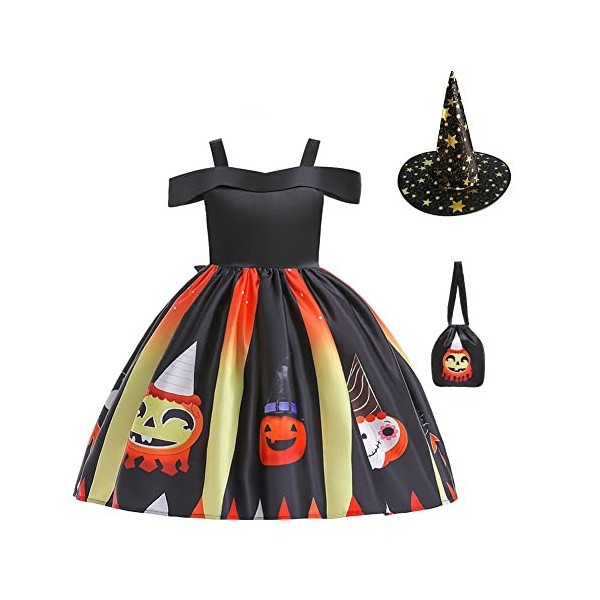 IMEKIS Robe sorcière dHalloween pour fille,Citrouille fantôme chauve-souris,Costume de princesse silex,Âge de pierre,Pour fi