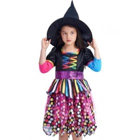 IKALI Costume de sorcière pour filles robe magique pour enfants tenue de fête dhalloween jupe de couleur avec chapeau