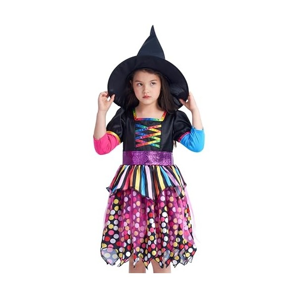 IKALI Costume de sorcière pour filles robe magique pour enfants tenue de fête dhalloween jupe de couleur avec chapeau