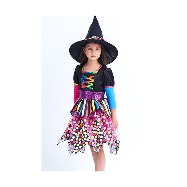 IKALI Costume de sorcière pour filles robe magique pour enfants tenue de fête dhalloween jupe de couleur avec chapeau