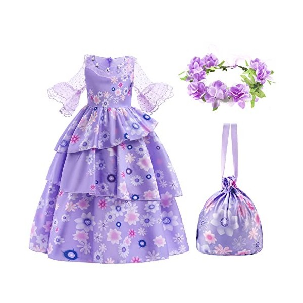 Kitimi Deguisement Encanto Mirabel, Deguisement Robe Filles Isabela Princesseavec Sac et Couronne pour les Filles Déguisement