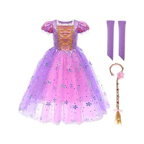 IMEKIS Filles Raiponce Costume Princesse Mardi Gras Déguisement Halloween Carnaval Cosplay Robe avec Perruque Tressée Bandeau