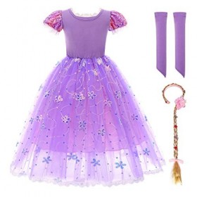 IMEKIS Filles Raiponce Costume Princesse Mardi Gras Déguisement Halloween Carnaval Cosplay Robe avec Perruque Tressée Bandeau