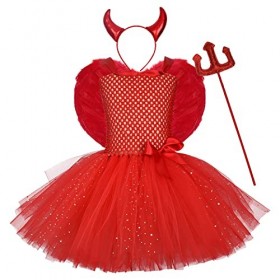 IMEKIS Enfants Filles Ange Démon Costume Rêve Halloween Cosplay Habiller Princesse Tulle Tutu avec Bandeau de Corne et Ailes 