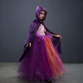 IBTOM CASTLE Deguisement Fille Enfant Costume de Sorci?re Hocus Pocus Cape ? Balai Avec Capuche Ensemble Trois Pi?ces de Luxe
