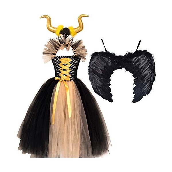 OBEEII Déguisement Maléfique Fille Halloween Carnaval Tutu Robe ave Bandeau +Ailes Sleeping Beauty Halloween Cosplay Noël Cos