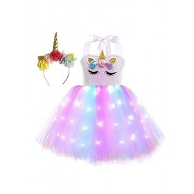 JanJean Robe Tutu De Princesse Licorne Fille Avec Lumière Brillante Deguisement Licorne Costume Carnaval Scène Anniversaire F