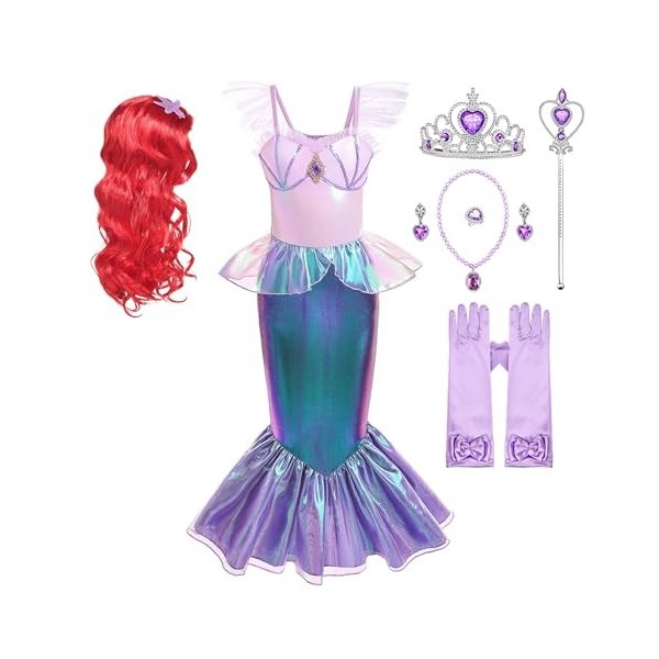 Monissy Robe de Fille à Manches Volantes de Sirène Ariel Sirène Princesse Robe Déguisement Costume Noël Halloween Carnaval Co