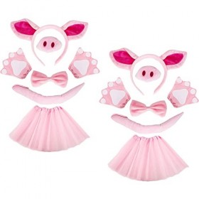 SGBETTER 14 pièces Costume de cochon Oreilles de cochon Bandeau Queue de cochon Nez Noeud Papillon Gants Tutu Rose Animal Acc