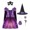 TiaoBug Enfant Fille Déguisement Carnaval Sorcière Cosplay Magicien Costume Halloween Fête Anniversaire Robe à Étoiles Paille