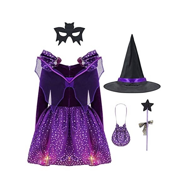 TiaoBug Enfant Fille Déguisement Carnaval Sorcière Cosplay Magicien Costume Halloween Fête Anniversaire Robe à Étoiles Paille