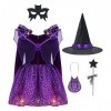 TiaoBug Enfant Fille Déguisement Carnaval Sorcière Cosplay Magicien Costume Halloween Fête Anniversaire Robe à Étoiles Paille