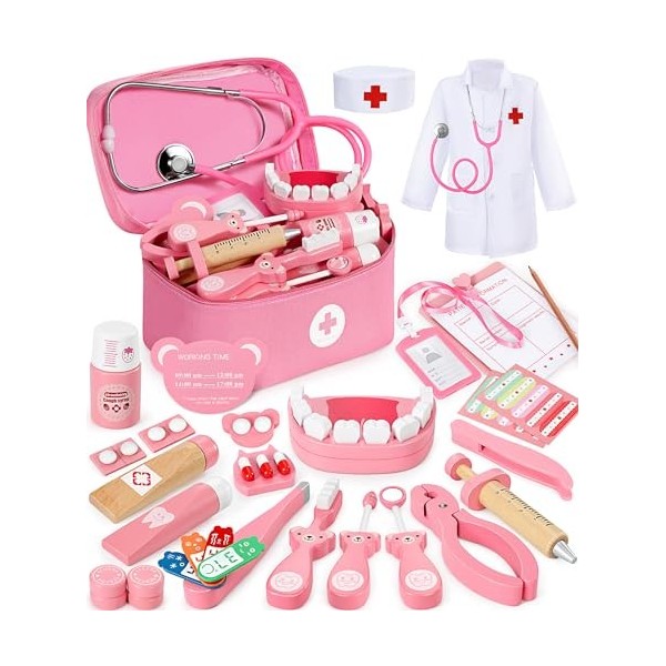 Ophy Malette Docteur Enfant, Malette Docteur Enfant en Bois avec Véritable Stéthoscope Malette Docteur Jouet Aux Enfants de 3