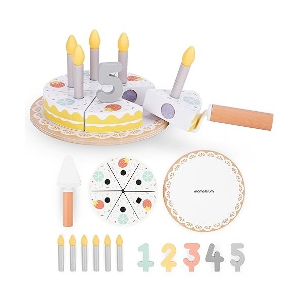 Mamabrum Gâteau danniversaire découpé en Bois, 6 pièces, 5 Bougies, 5 Chiffres en Bois, spatule à gâteau, Support Rond