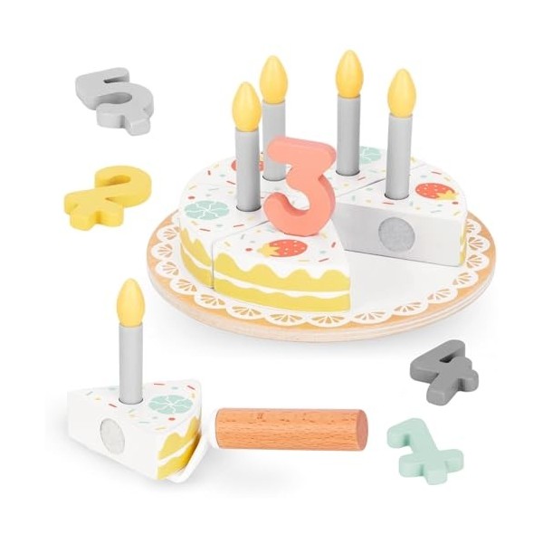 Mamabrum Gâteau danniversaire découpé en Bois, 6 pièces, 5 Bougies, 5 Chiffres en Bois, spatule à gâteau, Support Rond