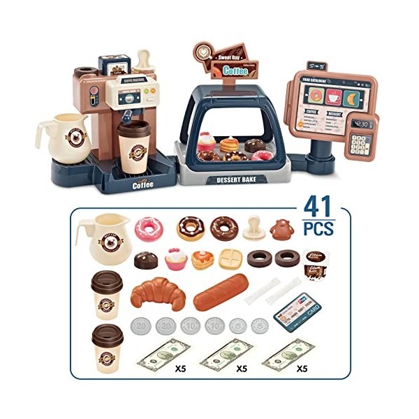 Jouets de Café Jeux de Cuisine Jouets Simulations de Cafetières avec Caisses Enregistreuses Daliments Desserts Gâteaux Beign