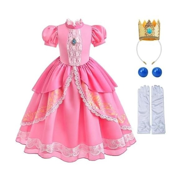 Cimefi Super Bros Costume de princesse pêche pour enfant Robe de pêche en dentelle pour Halloween