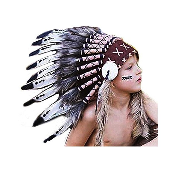 KARMABCN K07 Chapeau indien 5-8 ans Garçon/Fille: touffe avec vraie plume pour 21 pouces ou 53,4 cm noir et blanc