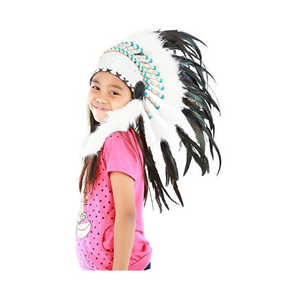 KARMABCN K07 Chapeau indien 5-8 ans Garçon/Fille: touffe avec vraie plume pour 21 pouces ou 53,4 cm noir et blanc