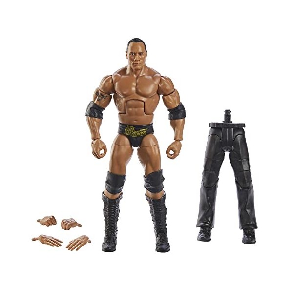 WWE Figurine Articulée Élite WrestleMania The Rock, 25 points d’articulation, mains interchangeables et accessoires, à collec