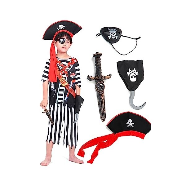 IKALI Costume de Pirate pour Les garçons avec Chapeau, Halloween Buccaneer Gift Party Dress Up Outfit Kids Cutlass Sword Cari