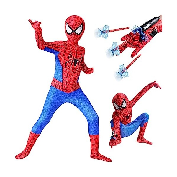 HVIERO Costume daraignée pour enfant 122-128,Rouge et bleu,Combinaison avec gants Spider,Accessoires de super-héros,Costume 