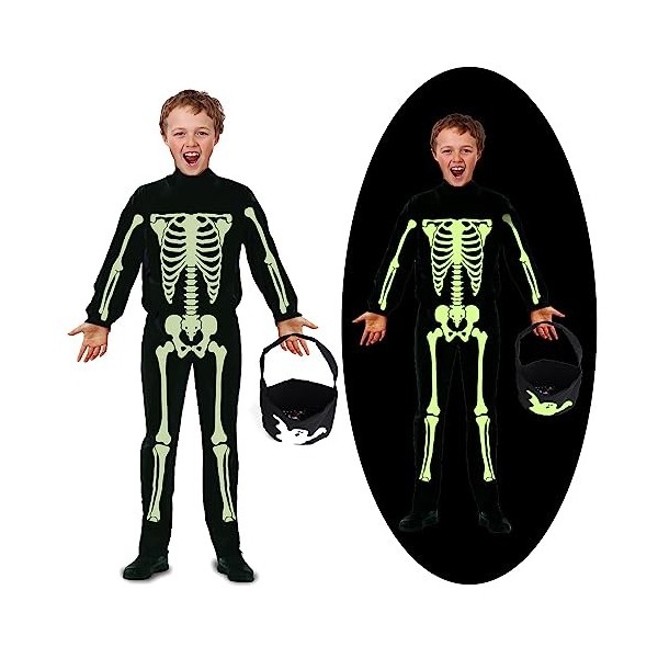 Cranight Costume de squelette dHalloween pour enfants - Lueur dans le noir - Avec sac à bonbons - Costume de squelette pour 