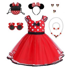 Deguisement Princesse Fille, Enfants Bébé Robe Tutu à Pois avec Oreilles Souris Sac, Bandeau, Collier, Enfants, Robe Minnie p