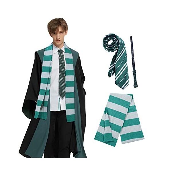 Ficlwigkis Lot de 4 costumes de cosplay de magicien pour adultes et enfants, uniforme de Serpentard avec baguette magique, cr