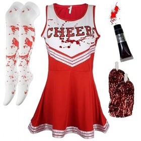 Déguisement de pom-pom girl zombie avec bouteille de sang et bas - Rouge - Taille Unique